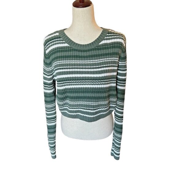 HOLLISTER Crewneck Green Striped Cropped Knit Sweater Women's Size XL - Picture 1 of 6